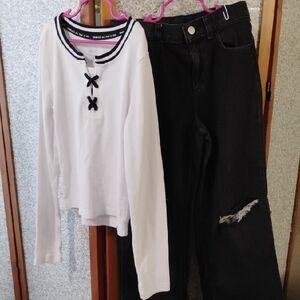 White and Black Kids Top and Black Pants Size 10